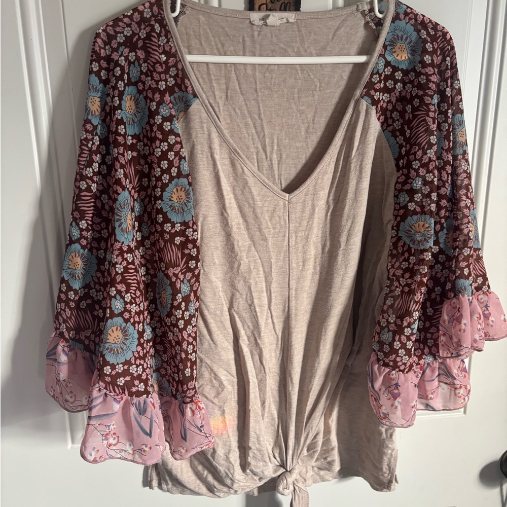 Chic Floral Beige and Pink Women's Blouse